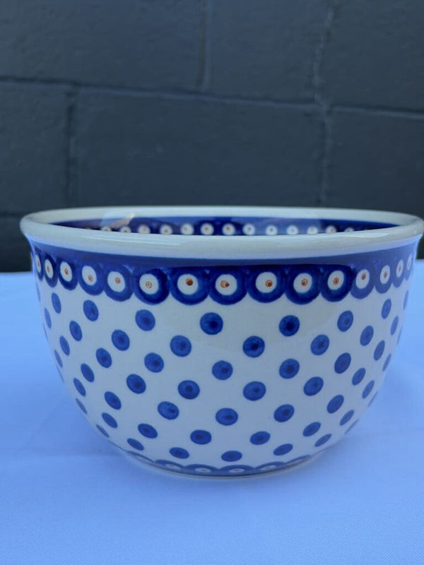 Polish pottery medium mixing bowl with blue dots