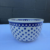 Polish pottery medium mixing bowl with blue dots