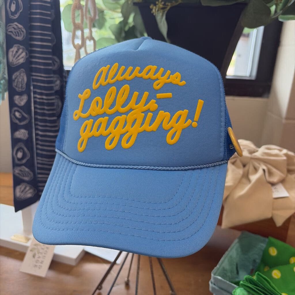 cobalt always lollygagging trucker hat with yellow font