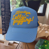 cobalt always lollygagging trucker hat with yellow font