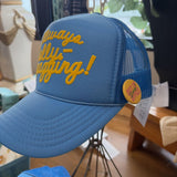 cobalt always lollygagging trucker hat with yellow font