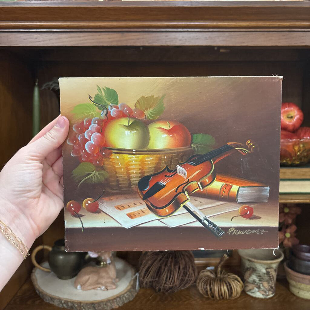 #702 Still Life Fruit 8" by 10" Painting with a Violin
