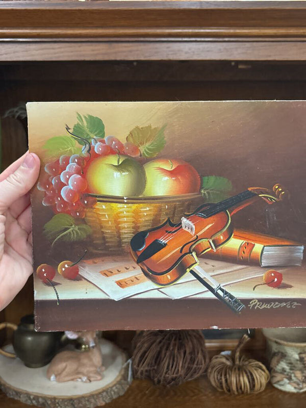 #702 Still Life Fruit 8" by 10" Painting with a Violin
