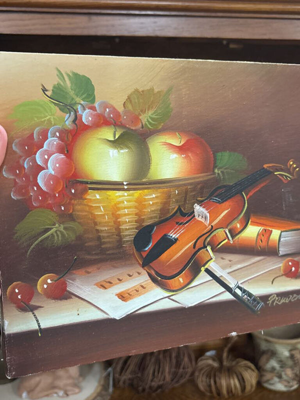 #702 Still Life Fruit 8" by 10" Painting with a Violin
