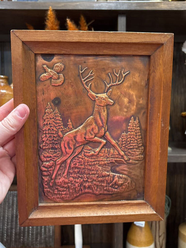 #711 Vintage Hammered and Embossed Copper Wooden Framed Buck Stag
