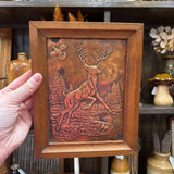 #711 Vintage Hammered and Embossed Copper Wooden Framed Buck Stag
