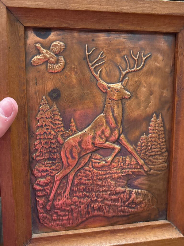 #711 Vintage Hammered and Embossed Copper Wooden Framed Buck Stag