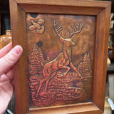 #711 Vintage Hammered and Embossed Copper Wooden Framed Buck Stag