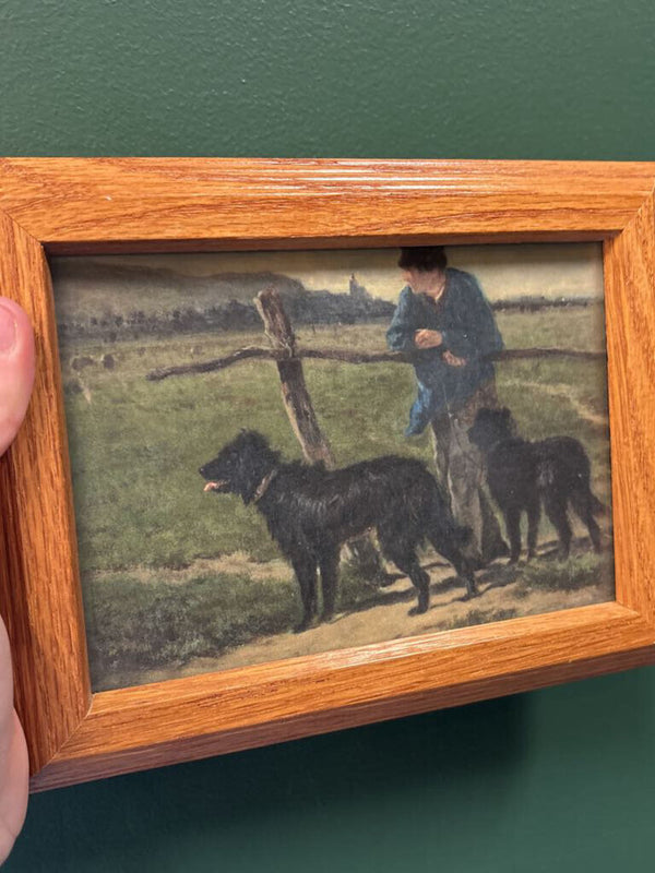 #732 Wood Framed Man with Two Dogs Print