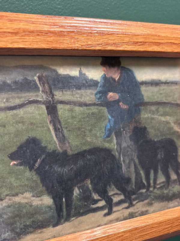 #732 Wood Framed Man with Two Dogs Print