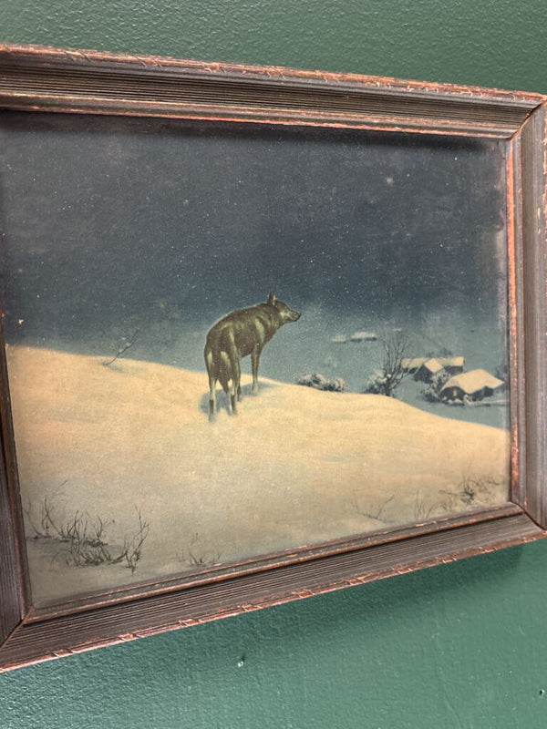 #764 Vintage Lone Wolf Painting in Rustic Frame