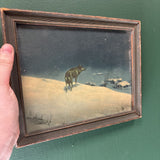 #764 Vintage Lone Wolf Painting in Rustic Frame