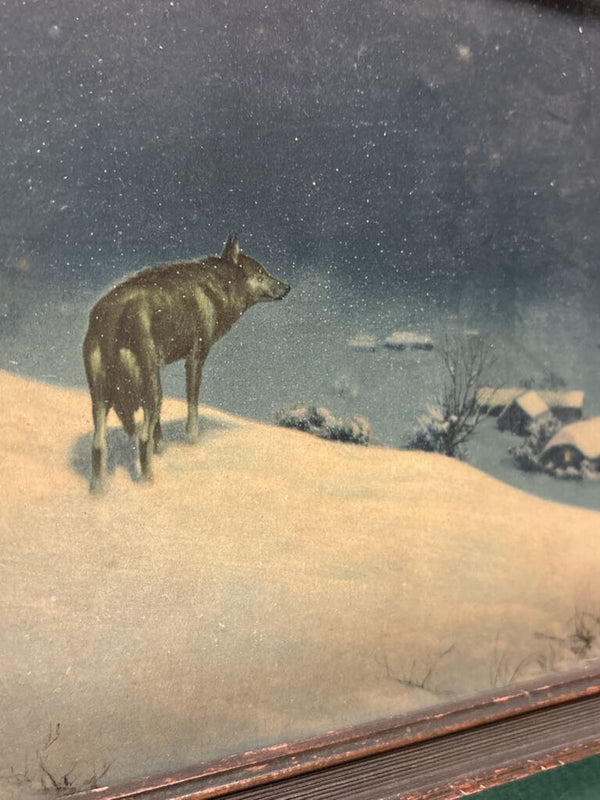 #764 Vintage Lone Wolf Painting in Rustic Frame