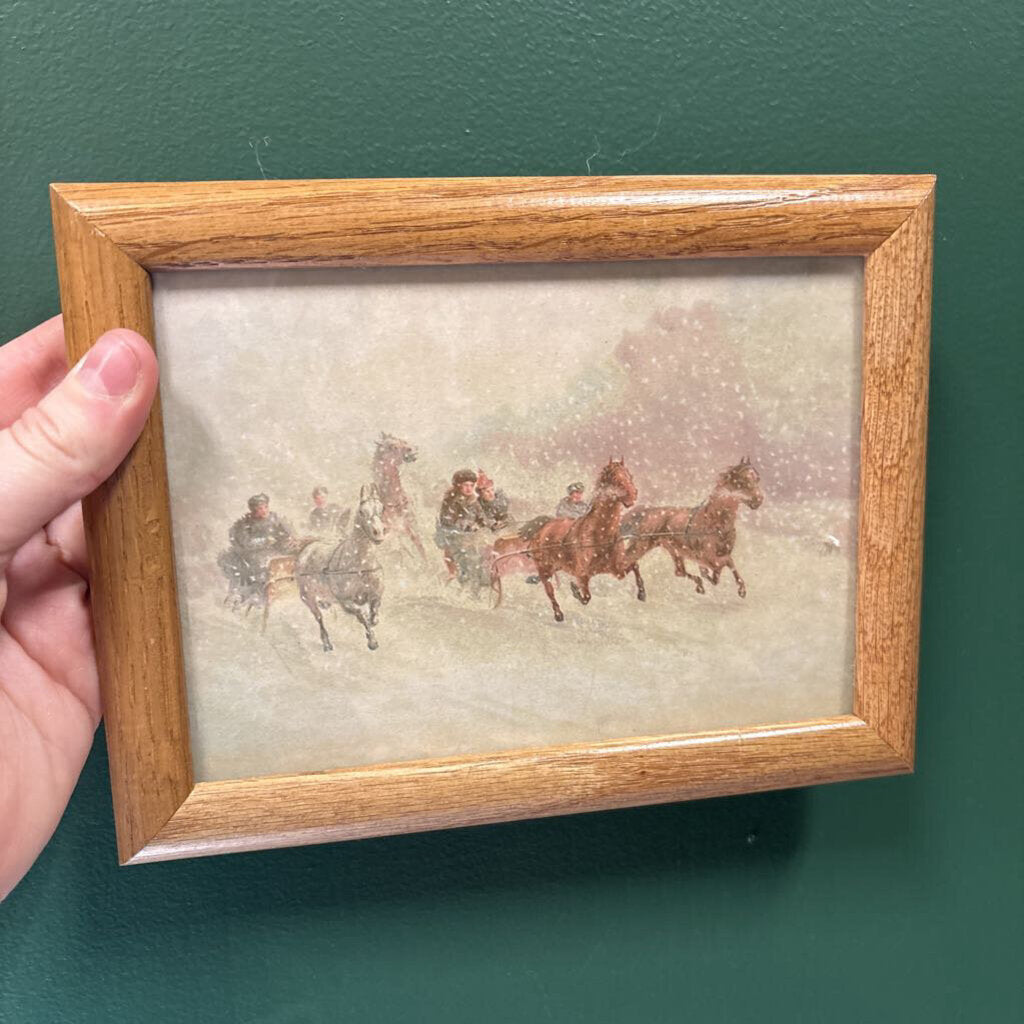 #921 Wood Framed Snowy Horse Drawn Carriage Print