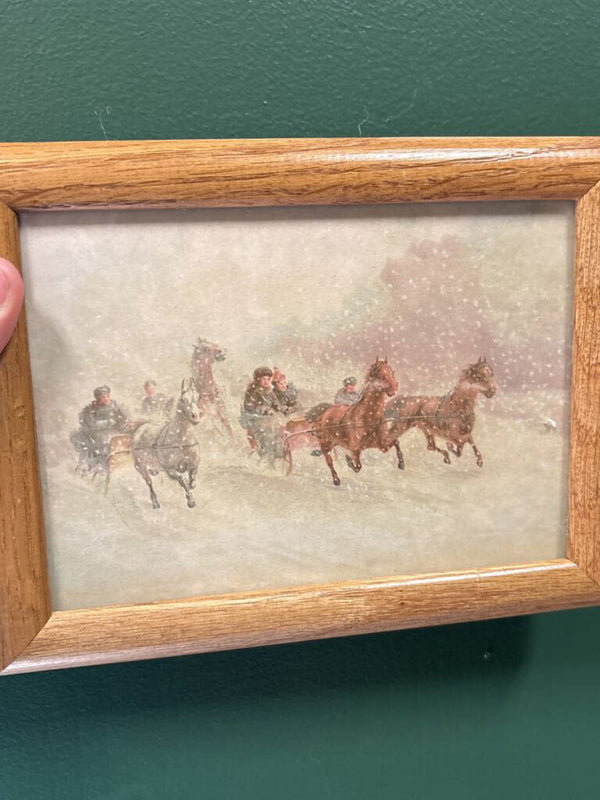 #921 Wood Framed Snowy Horse Drawn Carriage Print