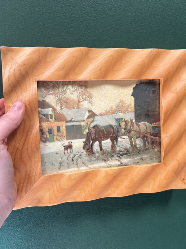 #932 Wavy Wood Framed 5x7 Winter Horse Carriage Print
