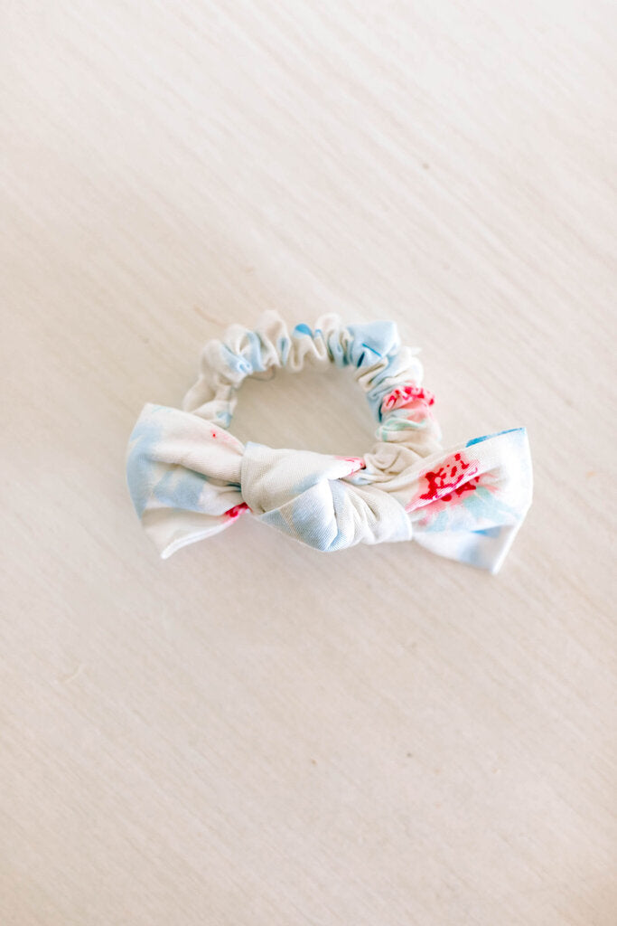 blue and pink floral scrunchie