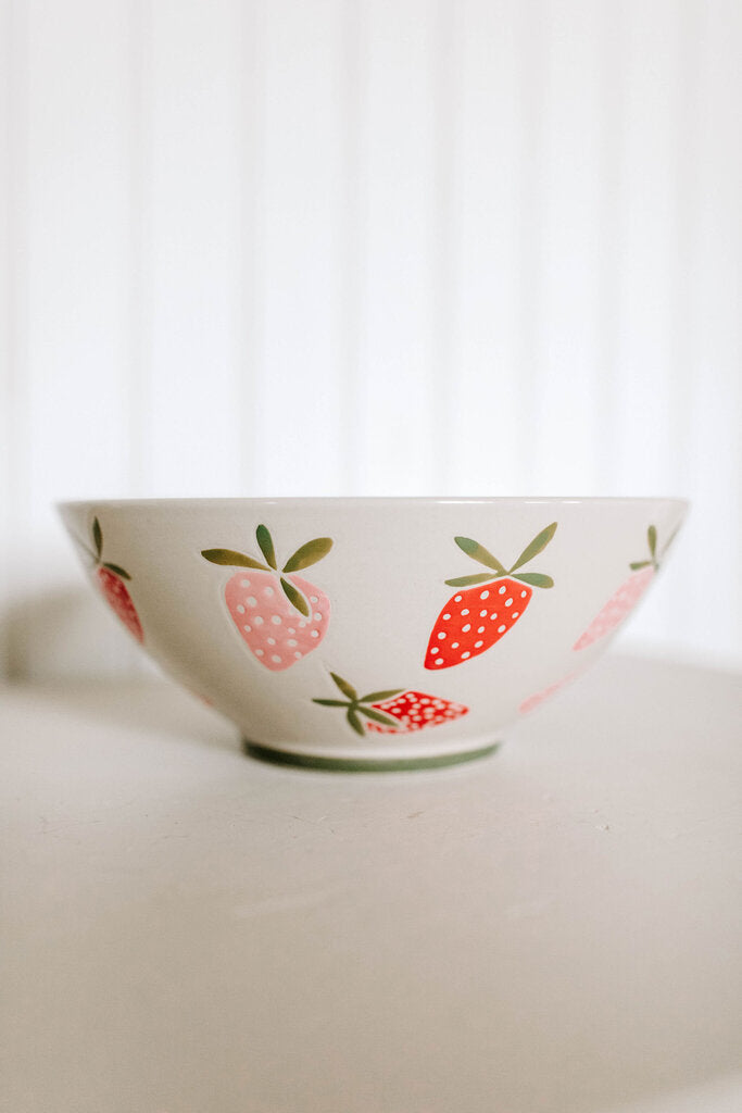 hand painted stoneware bowl with strawberry design